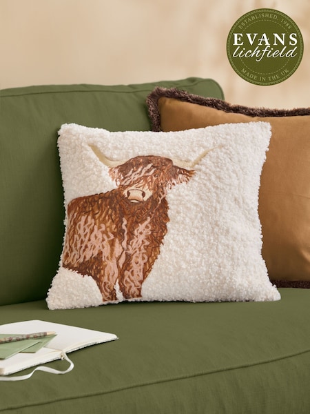 Evans Lichfield Boucle Highland Cow Embroidered Fibre Filled Cushion