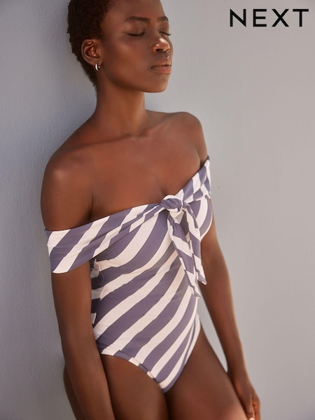 Navy/Cream Stripe Cold Shoulder Bardot Tummy Shaping Control Swimsuit (191649) | 56 QAR