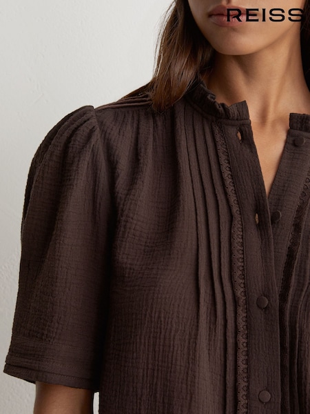 Chocolate Brown - Reiss Aurelia Cotton Cheesecloth Frill-neck Top