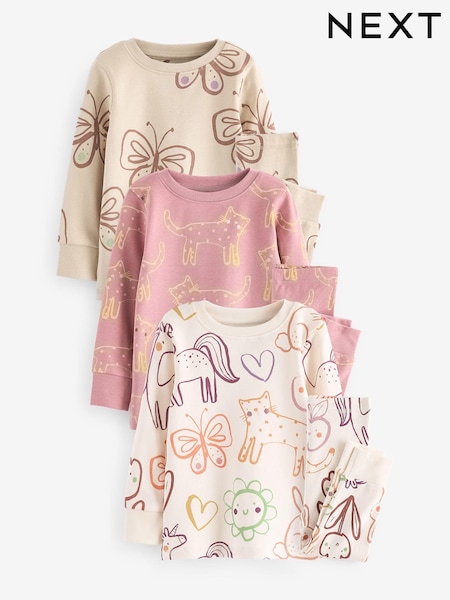 Pink/Cream Character 3 Pack 100% Cotton Long Sleeve Printed Pyjamas (9mths-16yrs) (192024) | $87 - $106