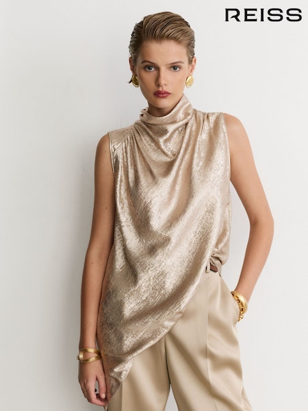 Champagne Neutral - Reiss Romee Metallic Draped High-neck Sleeveless Top