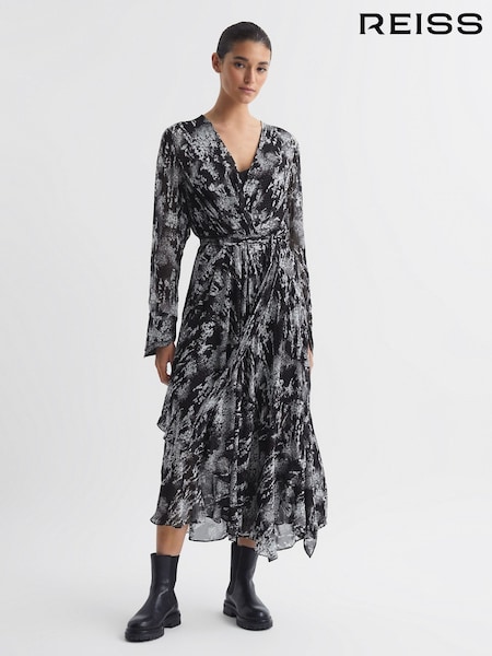 Reiss Black Callie Belted Ruffle Printed Midi Dress (192214) | €89