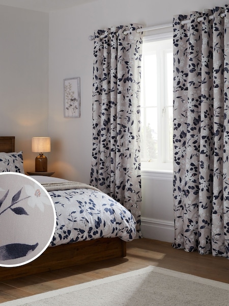 Blue/Neutral Blossom Floral Eyelet Blackout/Thermal Curtains (192227) | AED92 - AED203