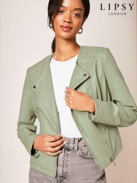 Lipsy Sage Green Faux Leather Collarless Biker Jacket (192591) | €23
