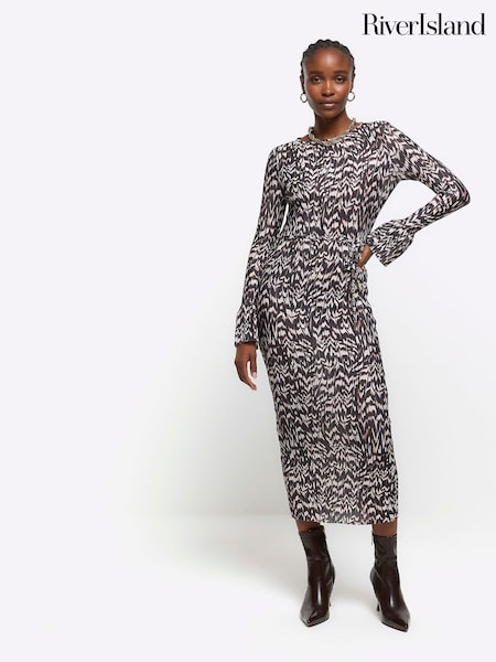 River Island Brown Plisse Flute Sleeve Column Dress (192668) | €13
