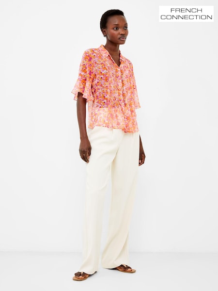 French Connection Orange Cass Hallie Crinkle Pintuck Shirt (193392) | ₪246