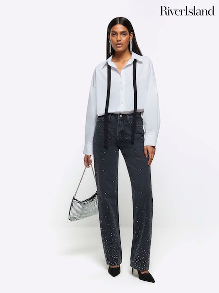 River Island Black Straight Embelished High Rise Non - Stretch Jeans (193492) | €31