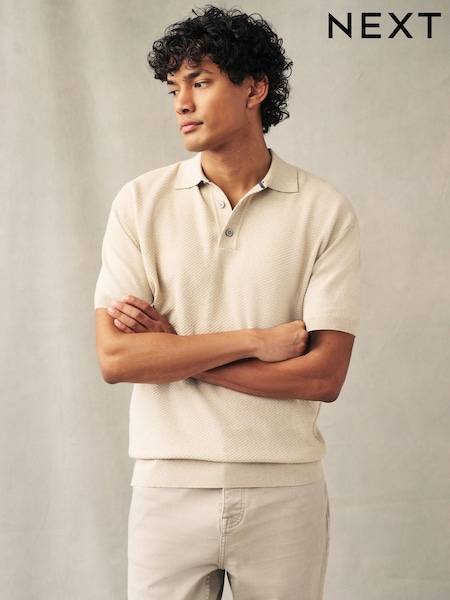Neutral Knitted Bubble Textured Regular Fit Polo Shirt (193787) | €6