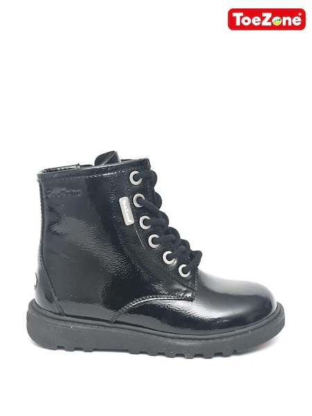 Toezone Alice Patent Leather Lace Up And Side Zip Black Boots (194011) | ‏181‏₪