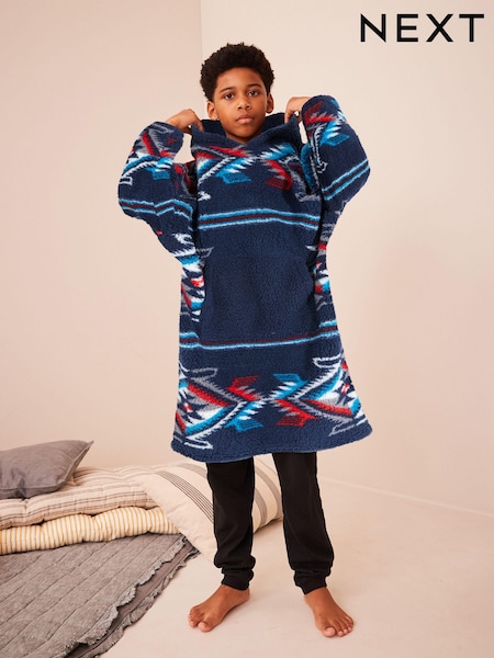 Navy Blue Aztec Print Hooded Blanket (3-16yrs) (194149) | € 7 - € 10