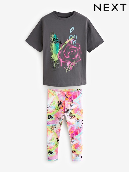 Charcoal Grey Graffiti Oversized T-Shirt And Leggings Set (3-16yrs) (194788) | € 13 - € 17