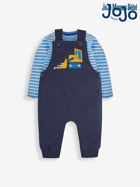 JoJo Maman Bébé Navy Blue Digger Boys' Digger Appliqué Dungarees & Stripe Top Set (195377) | AED154