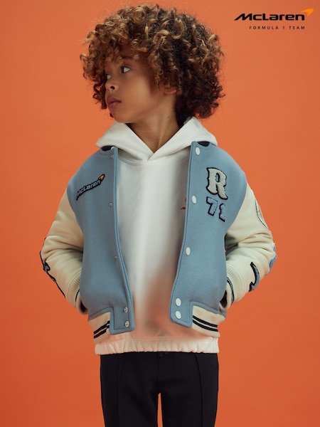 Reiss x McLaren F1 Team Airforce Blue/Ecru 3-9 yrs McLaren F1 Leather Varsity Jacket (195645) | €345