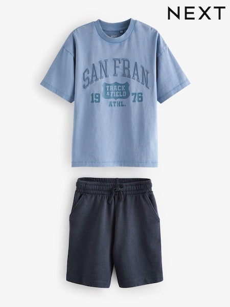 Blue Varsity Washed Short Sleeve 100% Cotton T-Shirt and Shorts Set (3-16yrs) (195683) | €7 - €11