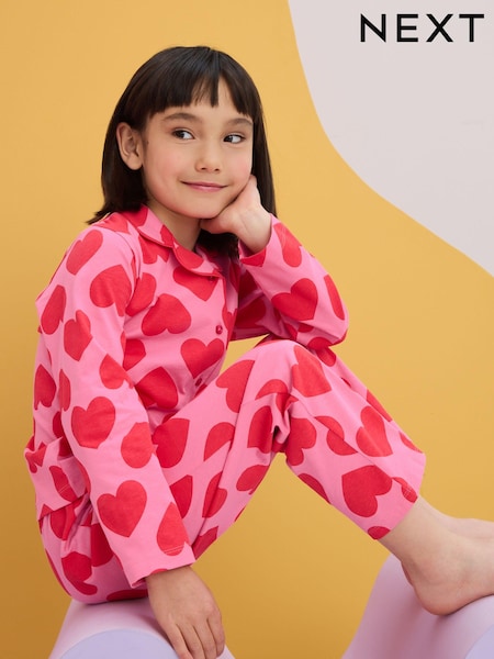 Red/Pink Heart Jersey Button Through 100% Cotton Pyjamas (3-16yrs) (195935) | €10 - €12.50