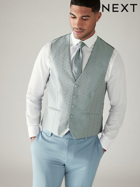Sage Green Jacquard Leaf Regular Fit Waistcoat (196045) | €37