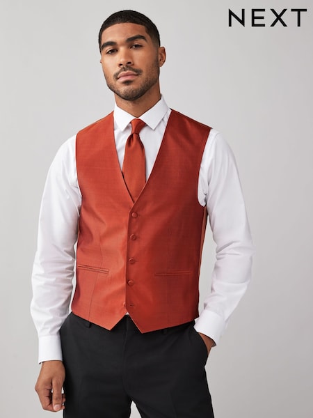 Rust Orange Regular Fit Textured Silk Waistcoat (196055) | €26