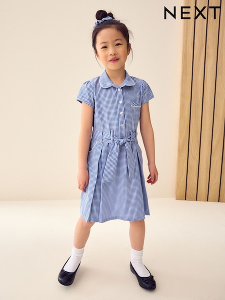 Mid Blå Gingham - Rich Belted School Dress With Scrunchie (3-14yrs) (196508) | kr140 - kr190