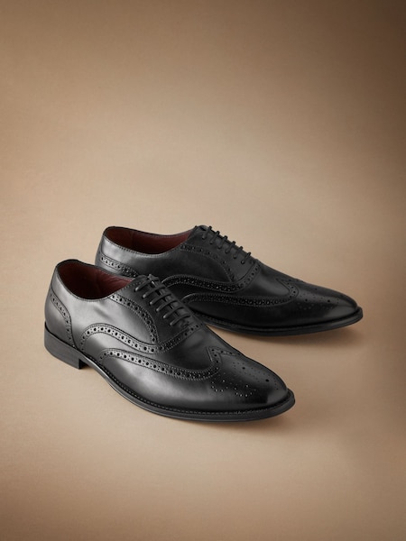 Black Standard Fit Signature Italian Leather Wing Cap Brogues (196971) | 195 QAR