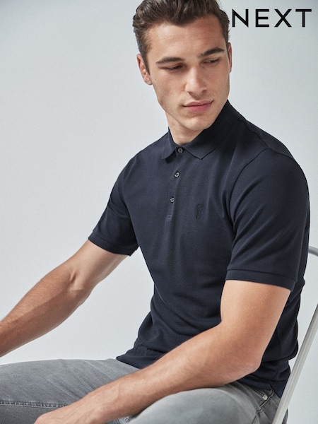 כחול כהה כחול  - גזרה רגילה - Short Sleeve Pique Polo Shirt (197498) | ‏62‏₪