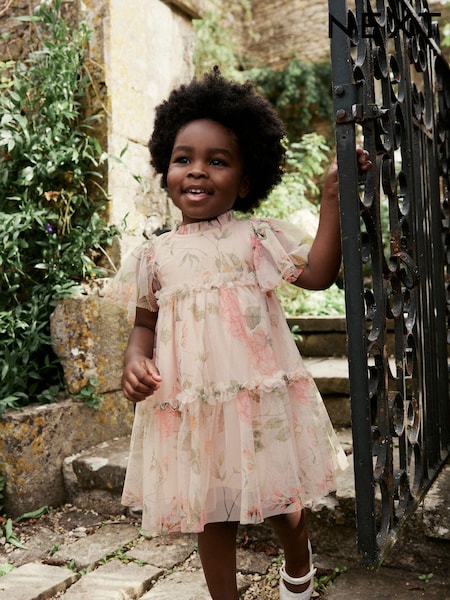 Cream Floral Tiered Mesh Dress (3mths-7yrs) (197914) | €12.50 - €13.50