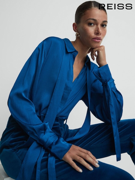 Reiss Dark Blue Gabrielle Hammered Satin Removable Tie Detail Blouse (197930) | €71