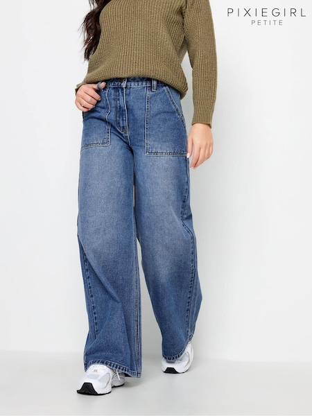 PixieGirl Petite Blue 100% Cotton Patch Pocket Wide Leg Jeans (198260) | $67