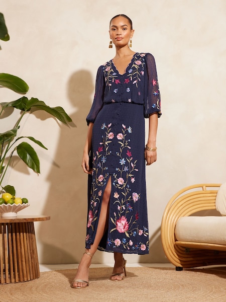 V&A | Love & Roses Navy Blue Embroidered Scallop Neck Dobby Midi Dress d (198451) | €29