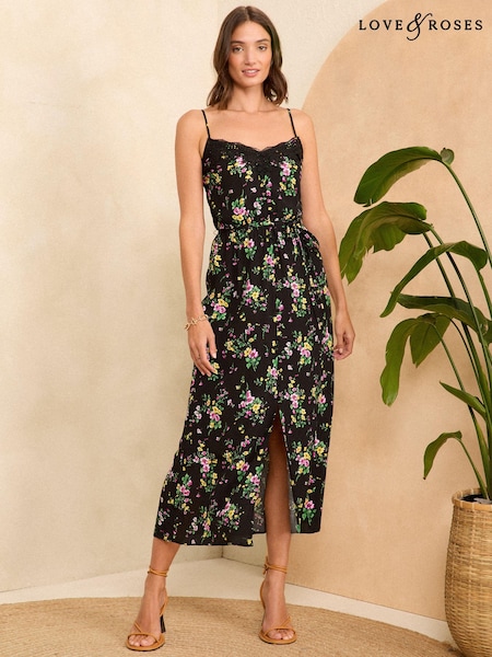 Negru cu flori - Love & Roses Lace Trim Satin Midi Strappy Rochie (198454) | 229 LEI