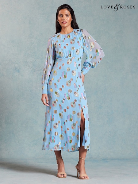 Albastru - Rochie midi din jacard Mânecă lungă Love & Roses Metalic (198458) | 247 LEI