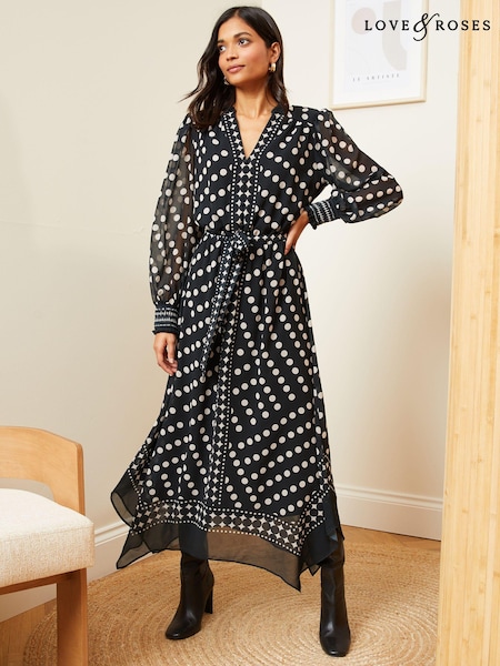 Love & Roses Black and White Polka Dot Printed V Neck Belted Long Sleeve Midi Dress (198474) | €41