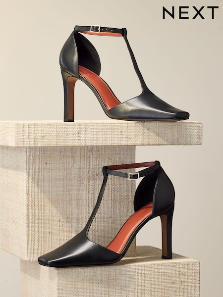 Black Premium Leather Square Toe T Bar Heels (198596) | €29