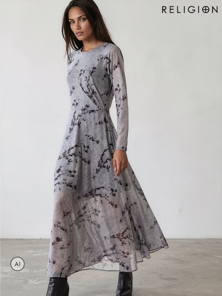 رمادي - Religion Long Sleeve Alice Dress With Asymmetric Drape In Light Printed Mesh