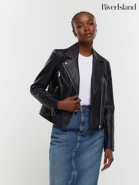 River Island Black Faux Leather Biker Jacket (199637) | €79