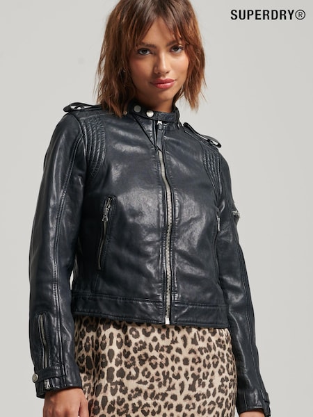 Superdry Black Vintage Leather Moto Racer Jacket (1BZ787) | €127