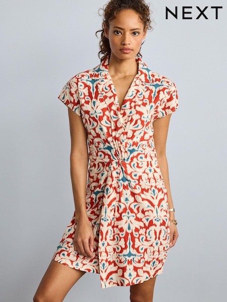 Brown Floral Twist Front Linen Blend Mini Summer Dress (1JF726) | €11