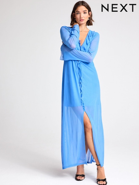Cobalt Blue Long Sleeve Mesh Ruffle Maxi Dress (1T9704) | €6