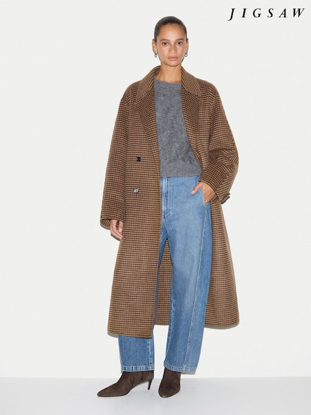 Brown - Jigsaw Wool Double Faced Check Coat