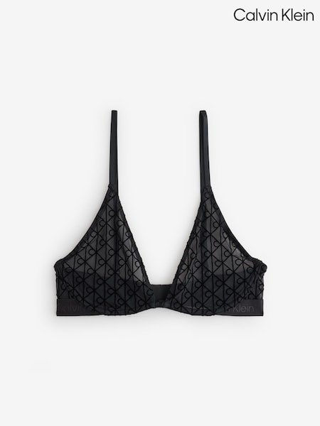 Black - Calvin Klein Unlined Plunge Bra Emblem Flocked Mesh