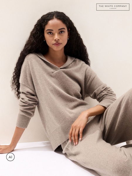 Grey - The White Company Cashmere Rib Detail Overlap Detail Hoodie