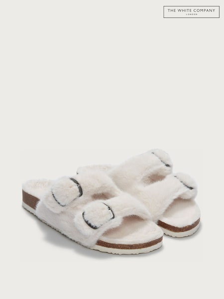 أبيض - The White Company Faux Fur Buckle Cork Slider Slippers