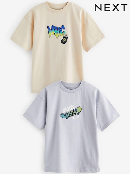 Cream/Blue Embroidery Skate Graphic Short Sleeve T-Shirts 2 Pack (3-16yrs) (201005) | AED40 - AED67