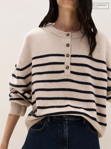 Brown - The White Company Stripe Button Placket Jumper With Cotton