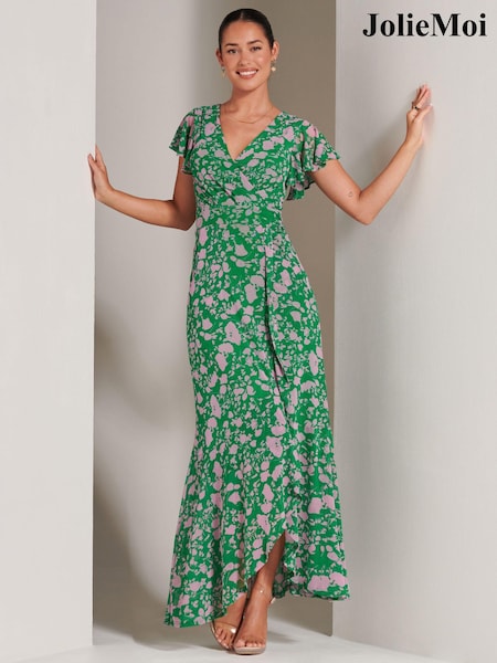 Green Floral - Jolie Moi Gisselle Ruffle Hem Mesh Maxi Dress (201086) | 304 LEI
