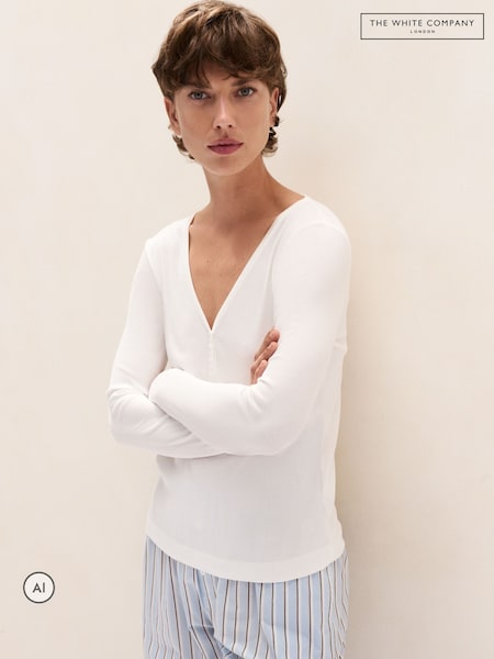 Ақ - The White Company Jersey Rib Long Sleeve Henley Pyjama Top