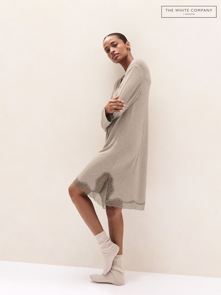 Brown - The White Company Cooling Jersey Long Sleeve Lace Hem Nightie
