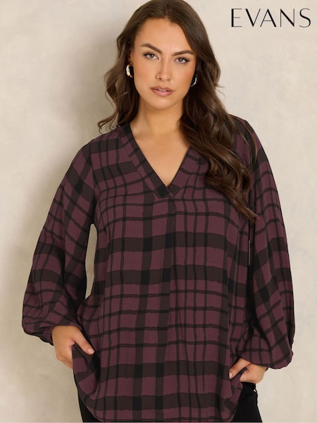 Red - Evans Balloon Sleeve Checked Pleated Swing Top