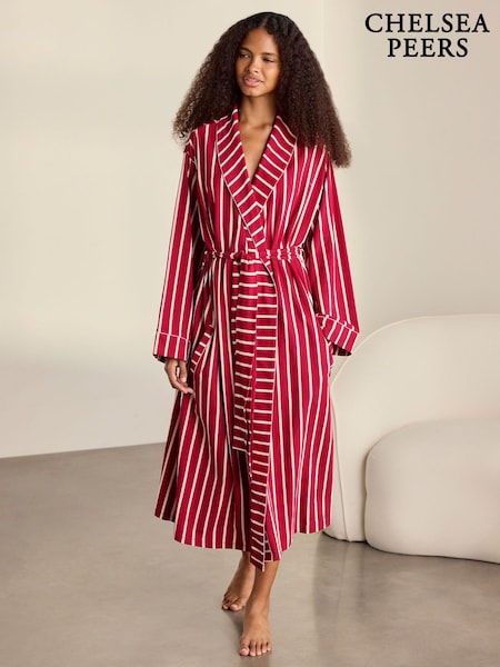 Red - Chelsea Peers Cotton Christmas Stripe Kimono Dressing Gown