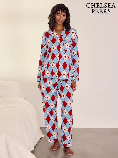 Red - Chelsea Peers Maternity Cotton Harlequin Heart Print Long Pyjamas Set
