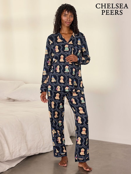 Μπλε - Chelsea Peers Maternity Christmas Chip The Cockapoo Portraits Print Long Pyjamas Set